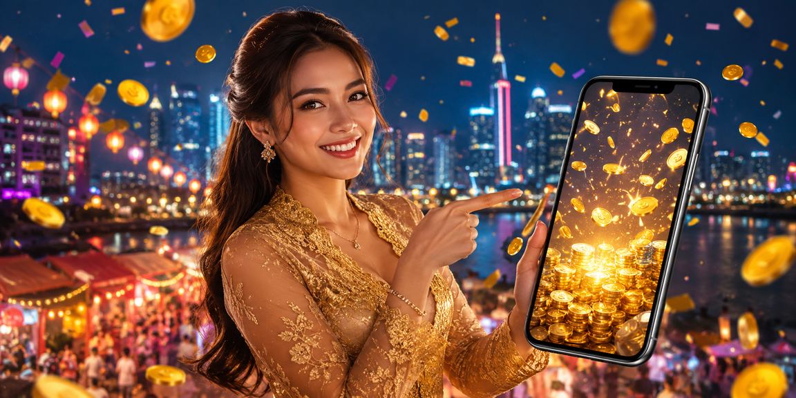 Suasana penggunaan aplikasi casino online di malam hari dengan latar pasar malam yang ramai