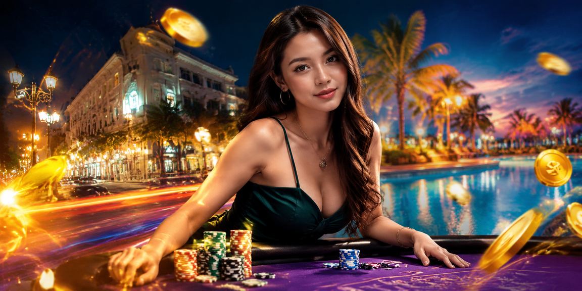 Model Vietnam berpose elegan di dalam kasino mewah dengan nuansa hiburan premium