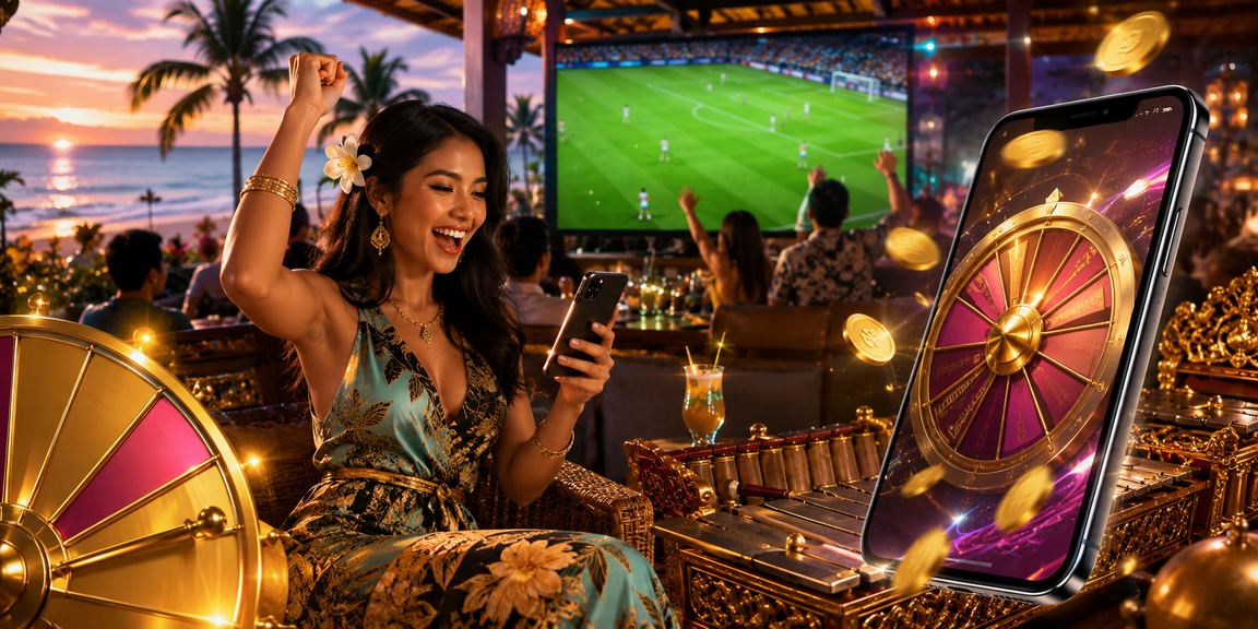 Meja roulette elegan dengan latar pantai tropis dan suasana kasino premium