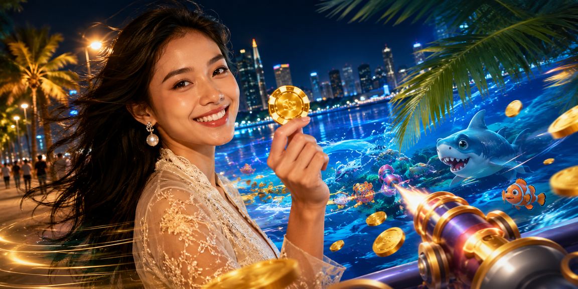 Model Vietnam tersenyum sambil memainkan game tembak ikan di layar besar